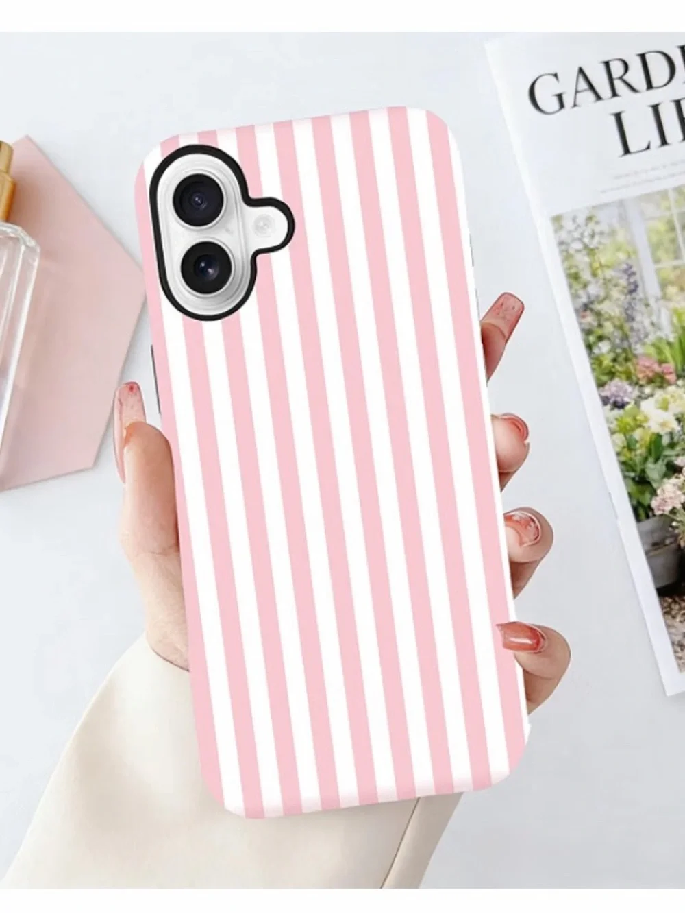KANGHAR Pink & White Stripe Magnetic Phone Case for iPhone 17 6.1”